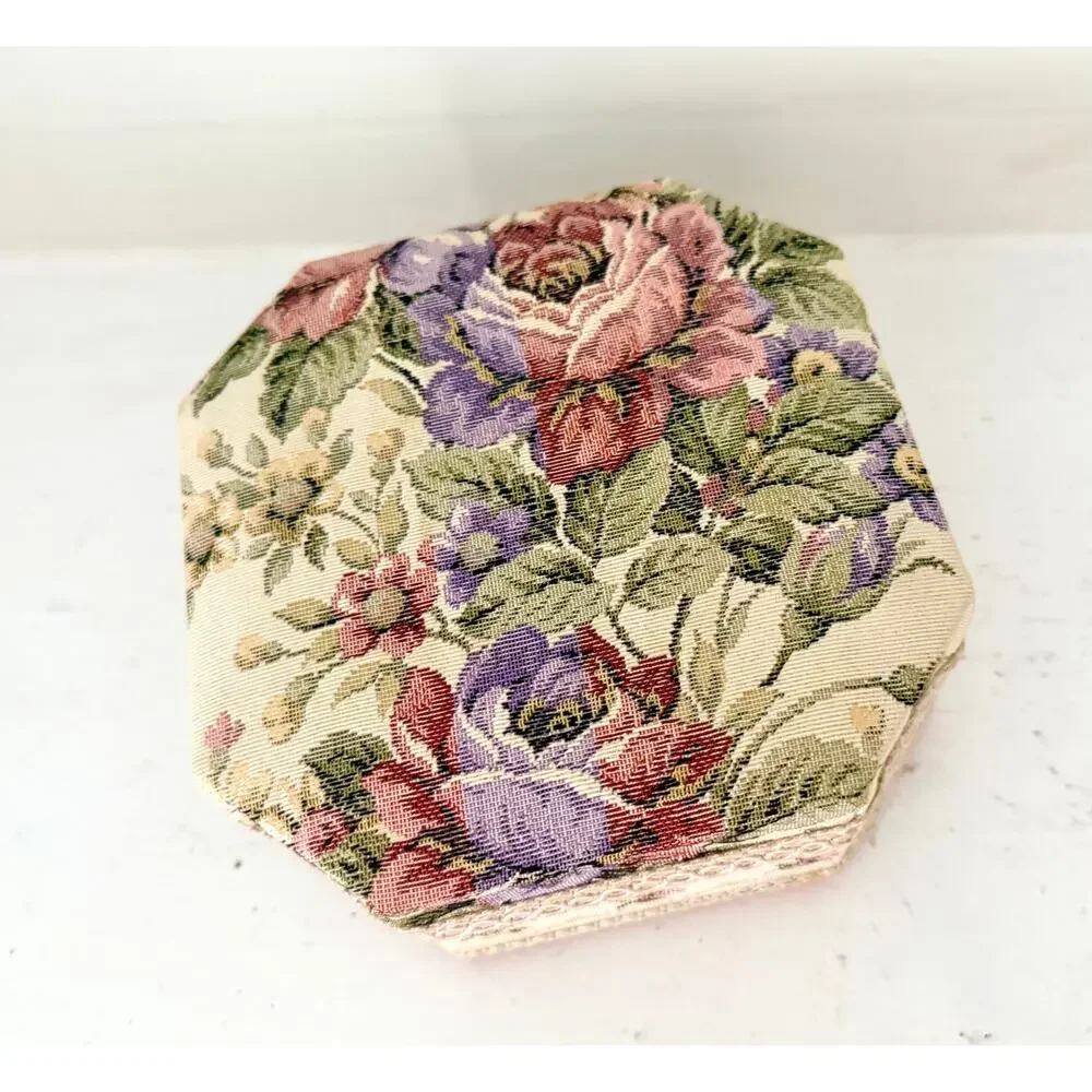 Vintage Schmid Tapestry Rose Jewelry Music Box Padded Floral Cottagecore Trinket
